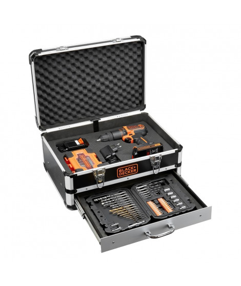 BLACK & DECKER - Perceuse a percussion - Batterie Li Ion 2x18 V + 80 accessoires en coffret - Noir et orange