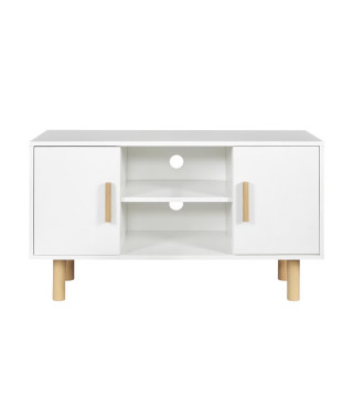 Meuble TV LILA - 2 portes - Décor mélaminé Blanc - Pieds en bois massif - L90 x P35 x H55 cm
