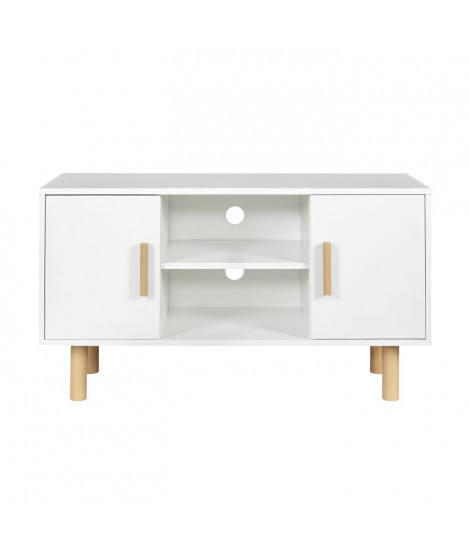 Meuble TV LILA - 2 portes - Décor mélaminé Blanc - Pieds en bois massif - L90 x P35 x H55 cm
