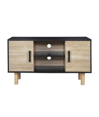 Meuble TV LILA - 2 portes - Décor mélaminé Noir - Pieds en bois massif - L90 x P35 x H55 cm