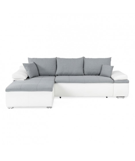 Canapé d'angle réversible convertible 3 places+Coffre - Simili blanc et tissu gris - CELINA - L 274 x P 184 cm - Fabriqué en …