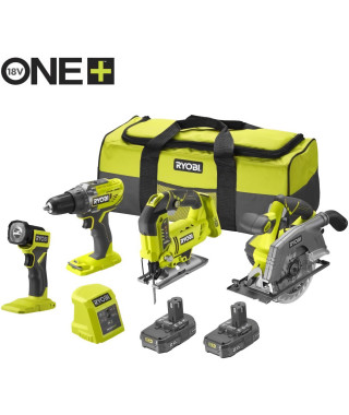 RYOBI Pack 4 outils : perceuse-visseuse, scie sauteuse, scie circulaire, lampe LED + 1 grand sac, 2 batteries 2 Ah + 1 charge…
