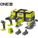 RYOBI Pack 4 outils : perceuse-visseuse, scie sauteuse, scie circulaire, lampe LED + 1 grand sac, 2 batteries 2 Ah + 1 charge…