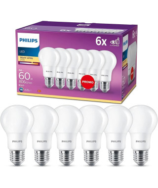 Philips, pack de 6 ampoules E27 LED 60W, blanc chaud