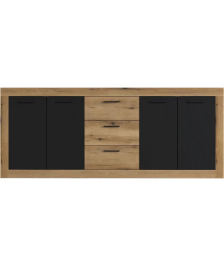 Buffet INDUS Mélaminé chene et noir - 4 portes + 3 tiroirs - Style industriel - L 206 x P 45 x H 83,5 cm STONE
