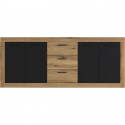 Buffet INDUS Mélaminé chene et noir - 4 portes + 3 tiroirs - Style industriel - L 206 x P 45 x H 83,5 cm STONE