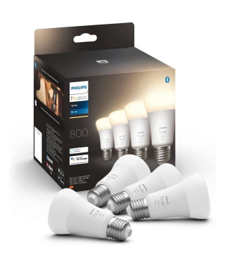 Philips Hue White, ampoule LED connectée E27, équivalent 60W, 800 lumen, compatible Bluetooth, Pack de 4