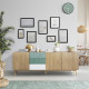 Buffet - Décor chene et vert - Pieds en bois massif - 3 portes + 3 tiroirs - GARDENIA - L 220 x P 50 x H 80 cm