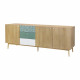 Buffet - Décor chene et vert - Pieds en bois massif - 3 portes + 3 tiroirs - GARDENIA - L 220 x P 50 x H 80 cm