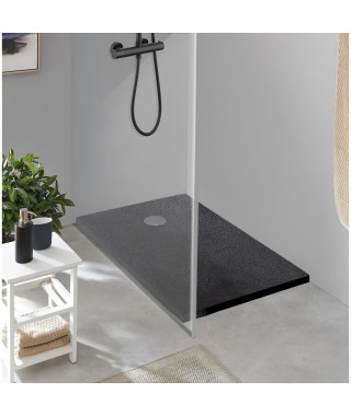 Receveur de douche en résine - Rectangulaire - 140x90x3,5 cm - OCEANIC - Gris anthracite - Bonde de vidage et pieds inclus - …