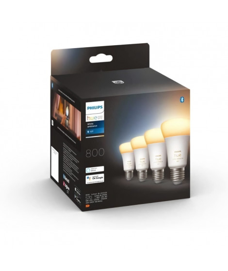 Philips Hue White Ambiance, ampoule LED connectée E27, équivalent 60W, 800 lumen, Pack de 4, compatible Bluetooth