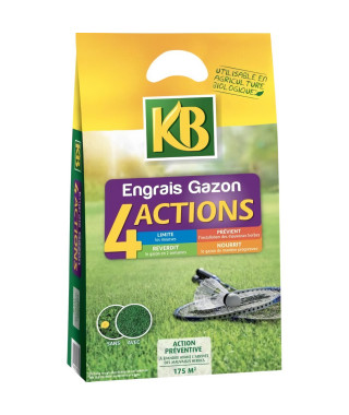 Engrais a Gazon KB K4MP - 4 Actions - 7 KG - Limite les mousses - Prévient les mauvaises herbes - Surface 280m²