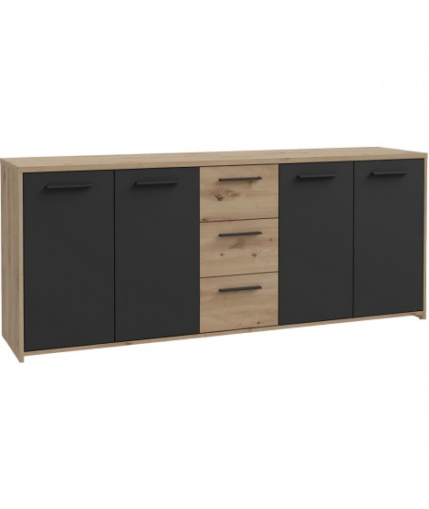 Buffet PILVI - Style contemporain - Particules mélaminé -Décor Chene artisan et Noir- 4 portes + 3 tiroirs - L179,2 x P42 x H…