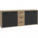 Buffet PILVI - Style contemporain - Particules mélaminé -Décor Chene artisan et Noir- 4 portes + 3 tiroirs - L179,2 x P42 x H…