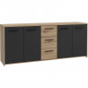 Buffet PILVI - Style contemporain - Particules mélaminé -Décor Chene artisan et Noir- 4 portes + 3 tiroirs - L179,2 x P42 x H…