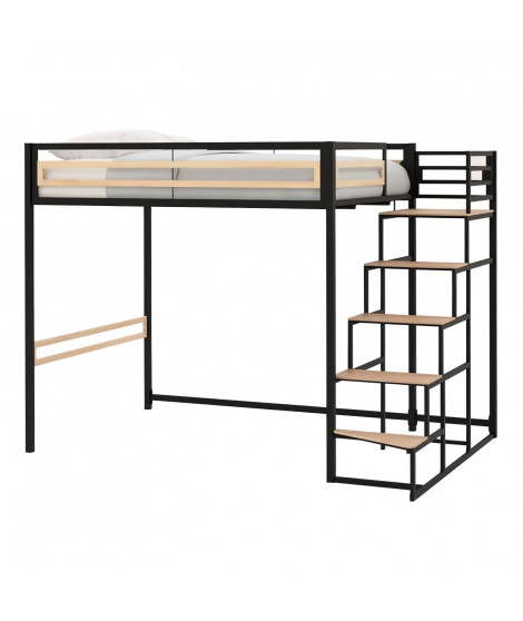 Lit mezzanine - 140x190 cm - Métal - Noir - Sommier inclus - LEON