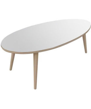 NARVIK Table basse ovale style scandinave blanc brillant avec pieds en bois - L 110 x l 55 cm