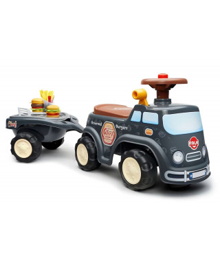 FALK - Porteur Food Truck - assise ouvrante, volant directionnel avec klaxon, remorque et accessoires