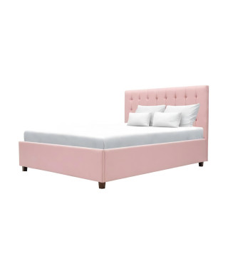 EMILY Lit adulte 140 x 190 cm + coffre de rangement - Tissu rose pastel - Sommier inclus