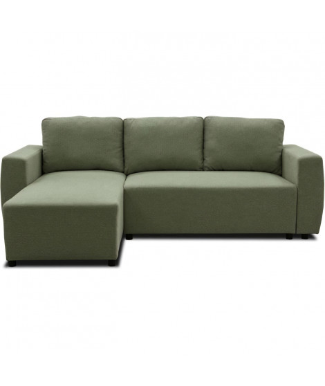 Canapé d'angle convertible réversible 3 a 4 places - PHARELL - Tissu olive - Coffre de rangement - L 224 x P 155 x H 71/85 cm