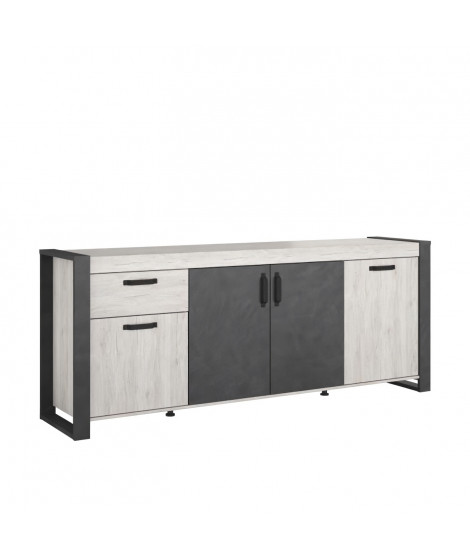 Buffet enfilade CESAR - Décor chene beige grisé et noir - 1 Tiroir et 4 Portes - L 217,8 x P 49,8 x H 86,7 cm - PARISOT