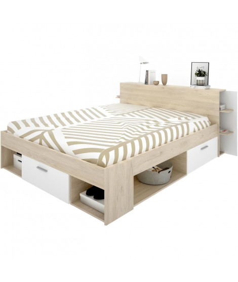 SAX Lit adulte - 140x190 cm - 3 tiroirs + Tete de lit avec rangement - Décor chene et blanc