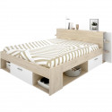 SAX Lit adulte - 140x190 cm - 3 tiroirs + Tete de lit avec rangement - Décor chene et blanc