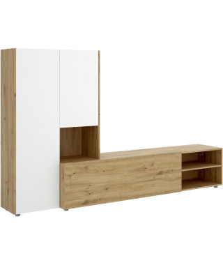 Meuble TV paroi murale - Mélaminé chene artisan et blanc mat - 3 portes - L 227 x P42 x H141 cm