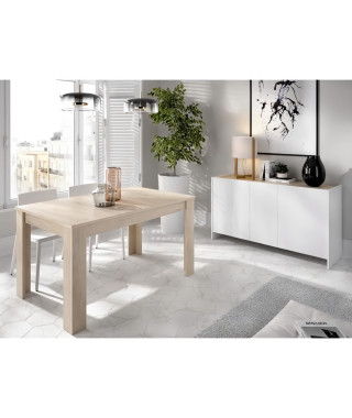 Ensemble salon KLoe : Buffet + table extensible - Décor chene clair et blanc mat