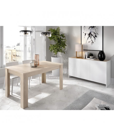 Ensemble salon KLoe : Buffet + table extensible - Décor chene clair et blanc mat