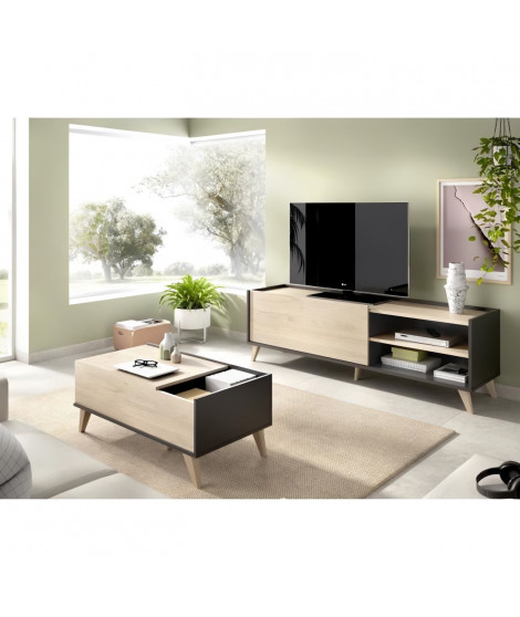 Ensemble salon NESS : Meuble TV + Table basse relevable - Mélaminé - Décor chene et anthracite