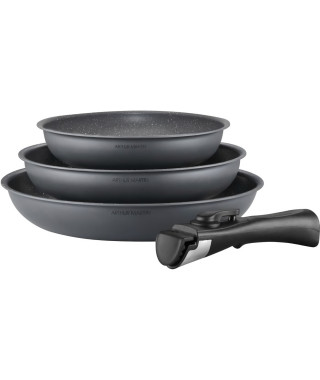 Batterie de cuisine ARTHUR MARTIN AM521GM Set de 3 poeles - Gris Mat 20-24-28 cm + 1 poignée amovible - Tous feux dont induction