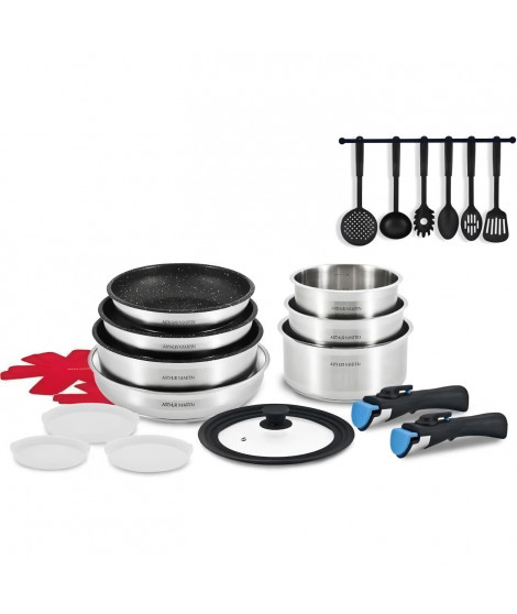 Batterie de cuisine 23 pieces Arthur Martin AM1671 - Inox  Poeles anti adhérent - Poignée amovible - Tous feux dont induction