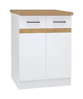 JUNONA Meuble bas de cuisine 60 cm - 2 Portes - Plan de travail - Blanc brillant