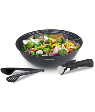 Batterie de cuisine Arthur Martin AM2090 4 pieces - wok 28 cm - aluminium - poignée amovible - tous feux dont induction