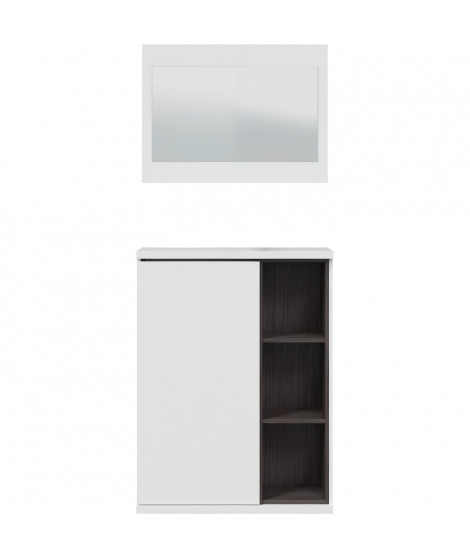 Meuble a chaussures + miroir - Mélaminé blanc et anthracite - 1 porte + 3 niches de rangement - L108 x P11 x H60 cm ADHARA