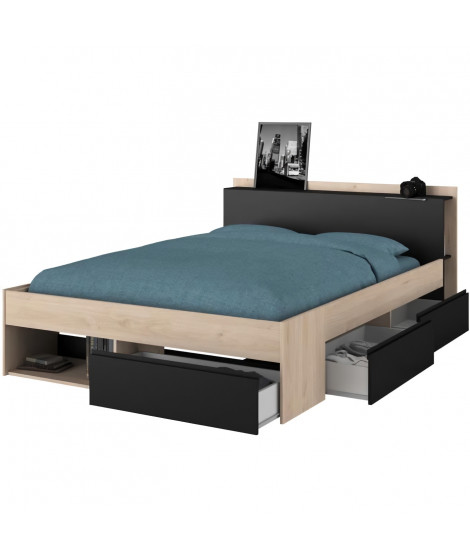 Lit adulte COMBO 140x190/200 cm - Chene et noir - 3 Tiroirs - PARISOT