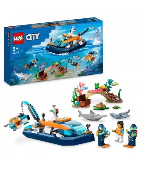 LEGO City 60377 Le Bateau d'Exploration Sous-Marine, Jouet avec Figurines Animaux Marins