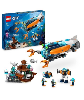 LEGO City 60379 Le Sous-Marin d'Exploration en Eaux Profondes, Jouet avec Plongeur, et Requin