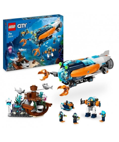 LEGO City 60379 Le Sous-Marin d'Exploration en Eaux Profondes, Jouet avec Plongeur, et Requin