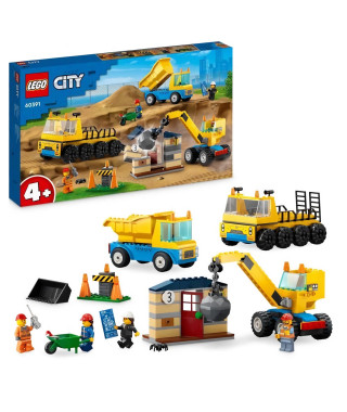 LEGO City 60391 Les Camions de Chantier et la Grue a Boule de Démolition, Jouet de Engin de Construction