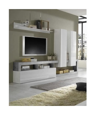 Ensemble TV mural Style Contemporain Maestro - Décor Blanc Laqué et Béton - L277 x H173 x P75 cm