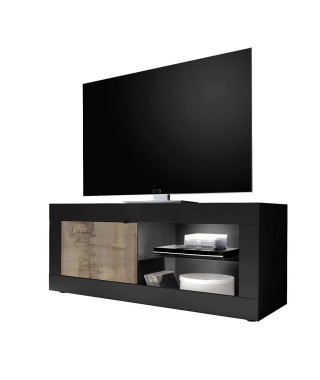 Meuble TV Style Vintage BASICO 1 Porte - Décor Chene Pero et Noir mat - L140 x H56 x P43 cm