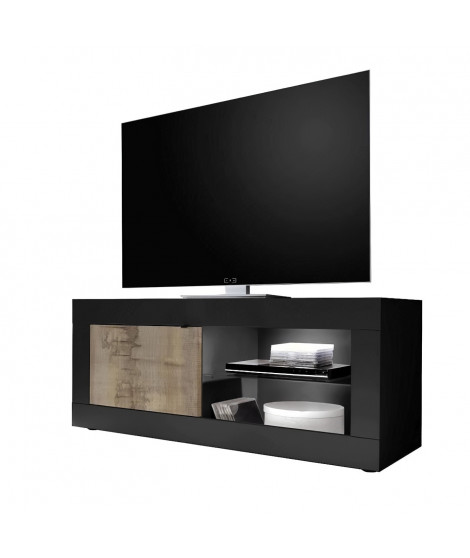 Meuble TV Style Vintage BASICO 1 Porte - Décor Chene Pero et Noir mat - L140 x H56 x P43 cm