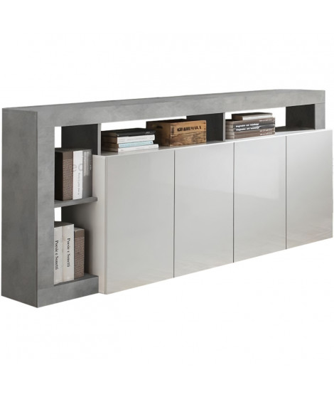 Buffet MAESTRO - Décor béton et blanc laqué brillant - 4 portes - L 184 x P 42 x H 93 cm