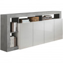Buffet MAESTRO - Décor béton et blanc laqué brillant - 4 portes - L 184 x P 42 x H 93 cm