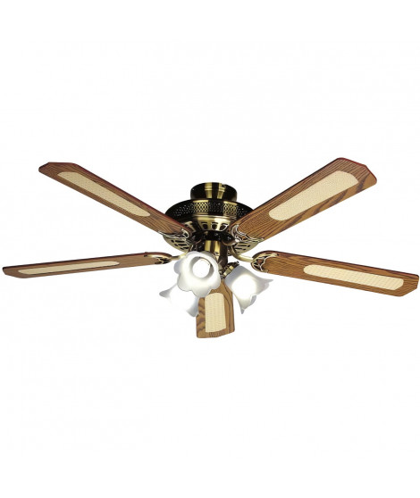 Ventilateur de plafond réversible FARELEK BALEARES - Ø 132 cm, 5 pales noyer / cannées + éclairage 3 tulipes 60 W E27