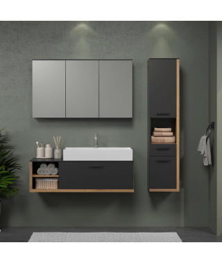 SYNNAX Salle de bain complete -Meuble sous vasque + vasque + armoire 3 portes + miroir a suspendre-Mélaminé gris et chene -TR…