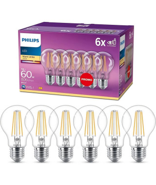 Philips, pack de 6 ampoules E27 LED transparentes 60W, blanc chaud