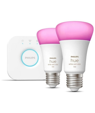 Philips Hue White and Color Ambiance, Kit de démarrage 2 ampoules E27, 75W, Bluetooth, fonctionne avec Alexa, Google et Homekit